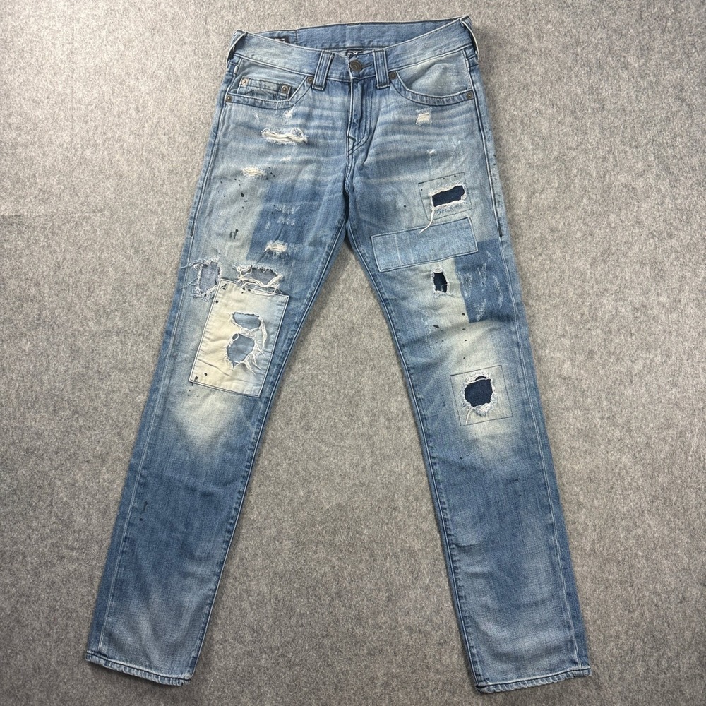 MEN TRUE RELIGION JEANS SIZE 31x33 GENO RELAXED SLIM GRAPHIC PATCHWORK